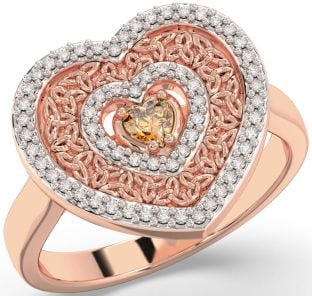 Diamond Citrine Rose Gold Celtic Trinity Knot Heart Ring