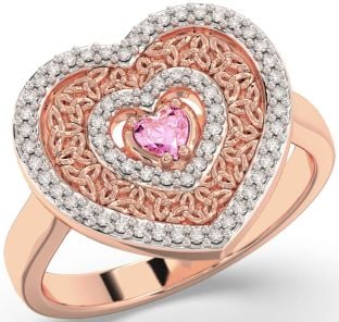 Diamond Pink Tourmaline Rose Gold Celtic Trinity Knot Heart Ring