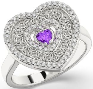 Diamond Amethyst Silver Celtic Trinity Knot Heart Ring