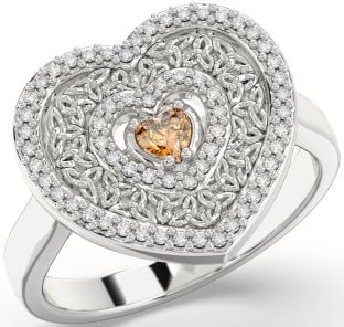 Diamond Citrine Silver Celtic Trinity Knot Heart Ring