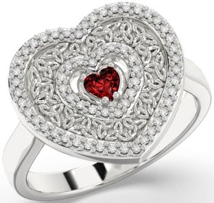 Diamond Garnet Silver Celtic Trinity Knot Heart Ring