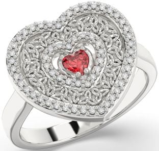 Diamond Ruby Silver Celtic Trinity Knot Heart Ring