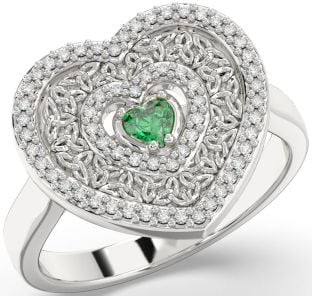 Diamond Emerald White Gold Celtic Trinity Knot Heart Ring