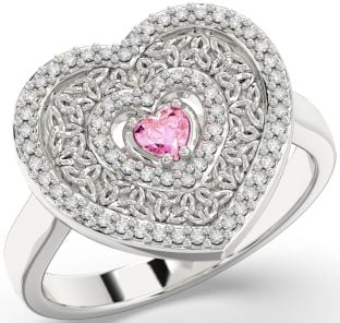 Diamond Pink Tourmaline White Gold Celtic Trinity Knot Heart Ring