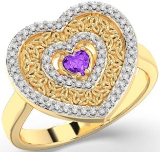 Diamond Amethyst Gold Celtic Trinity Knot Heart Ring