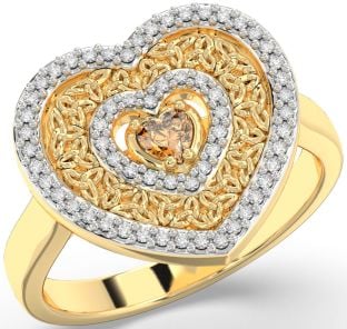 Diamond Citrine Gold Celtic Trinity Knot Heart Ring