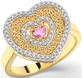 Diamond Pink Tourmaline Gold Celtic Trinity Knot Heart Ring