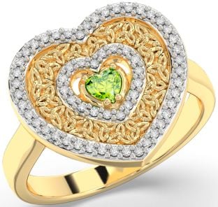 Diamond Peridot Gold Celtic Trinity Knot Heart Ring