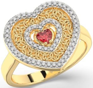 Diamond Ruby Gold Celtic Trinity Knot Heart Ring