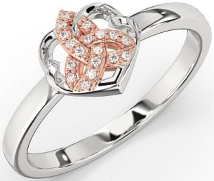 Diamond Rose Gold Silver Celtic Trinity Knot Heart Ring