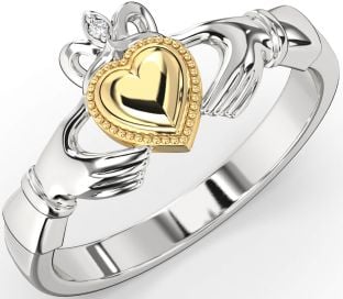 Diamond White Yellow Gold Claddagh Ring