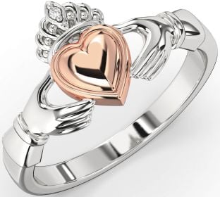 Diamond Rose Gold Silver Claddagh Ring