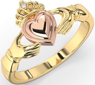 Diamond Rose Yellow Gold Claddagh Ring