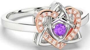 Diamond Amethyst Rose Gold Silver Celtic Trinity Knot Heart Ring