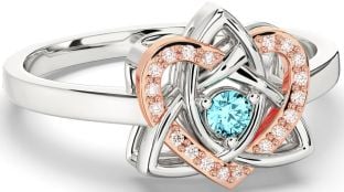 Diamond Aquamarine Rose Gold Silver Celtic Trinity Knot Heart Ring