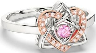 Diamond Pink Tourmaline Rose Gold Silver Celtic Trinity Knot Heart Ring