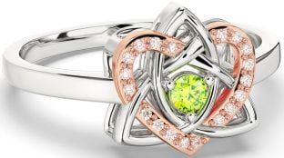 Diamond Peridot Rose Gold Silver Celtic Trinity Knot Heart Ring