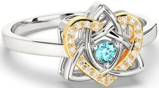 Diamond Aquamarine Gold Silver Celtic Trinity Knot Heart Ring