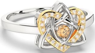 Diamond Citrine Gold Silver Celtic Trinity Knot Heart Ring