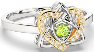 Diamond Peridot Gold Silver Celtic Trinity Knot Heart Ring