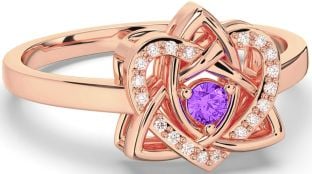 Diamond Amethyst Rose Gold Silver Celtic Trinity Knot Heart Ring