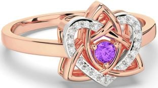 Diamond Amethyst Rose Gold Silver Celtic Trinity Knot Heart Ring