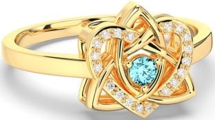 Diamond Aquamarine Gold Silver Celtic Trinity Knot Heart Ring