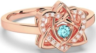 Diamond Aquamarine Rose Gold Celtic Trinity Knot Heart Ring