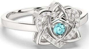 Diamond Aquamarine Silver Celtic Trinity Knot Heart Ring