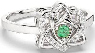 Diamond Emerald Silver Celtic Trinity Knot Heart Ring