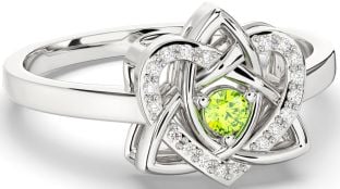 Diamond Peridot Silver Celtic Trinity Knot Heart Ring