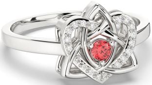 Diamond Ruby Silver Celtic Trinity Knot Heart Ring