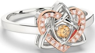 Diamond Citrine White Rose Gold Celtic Trinity Knot Heart Ring