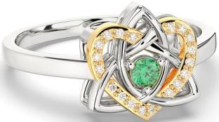 Diamond Emerald White Yellow Gold Celtic Trinity Knot Heart Ring