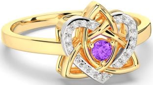 Diamond Amethyst White Yellow Gold Celtic Trinity Knot Heart Ring