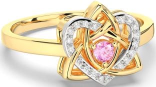 Diamond Pink Tourmaline White Yellow Gold Celtic Trinity Knot Heart Ring