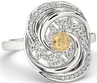 Diamond White Yellow Gold Celtic Warrior Trinity Knot Ring Mens Ladies Unisex