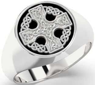 White Gold Black Rhodium Celtic Cross Signet Ring