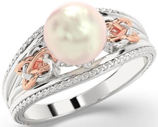 Rose Gold Silver Celtic Trinity Knot Heart Pearl Ring