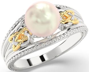 Gold Silver Celtic Trinity Knot Heart Pearl Ring