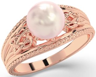 Rose Gold Silver Celtic Trinity Knot Heart Pearl Ring