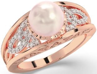 Pearl Diamond Rose Gold Silver Celtic Trinity Knot Ring