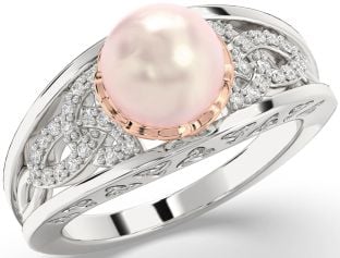 Pearl Diamond Rose Gold Silver Celtic Trinity Knot Ring