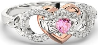 Diamond Pink Tourmaline Rose Gold Silver Infinity Claddagh Heart Celtic Trinity Knot Ring
