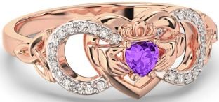 Diamond Amethyst Rose Gold Infinity Claddagh Heart Celtic Trinity Knot Ring