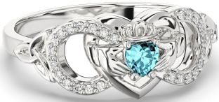 Diamond Aquamarine Silver Infinity Claddagh Heart Celtic Trinity Knot Ring