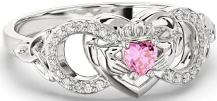 Diamond Pink Tourmaline Silver Infinity Claddagh Heart Celtic Trinity Knot Ring