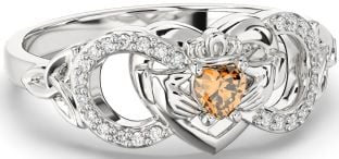 Diamond Citrine White Gold Infinity Claddagh Heart Celtic Trinity Knot Ring