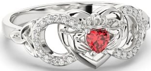 Diamond Ruby White Gold Infinity Claddagh Heart Celtic Trinity Knot Ring