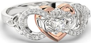 Diamond White Rose Gold Infinity Claddagh Heart Celtic Trinity Knot Ring